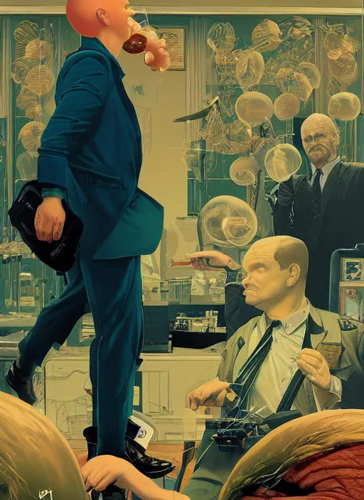 Image similar to poster artwork by Michael Whelan and Tomer Hanuka, Karol Bak of Jim Gaffigan blowing single perfect bubblegum, he's a hitman in peacoat, from scene from Twin Peaks, clean, simple nostalgic, domestic, norman rockwell