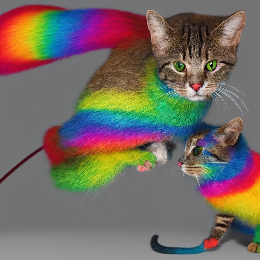 Image similar to a Rainbow cat ready to catch a mouse, ultra realistic, 8K