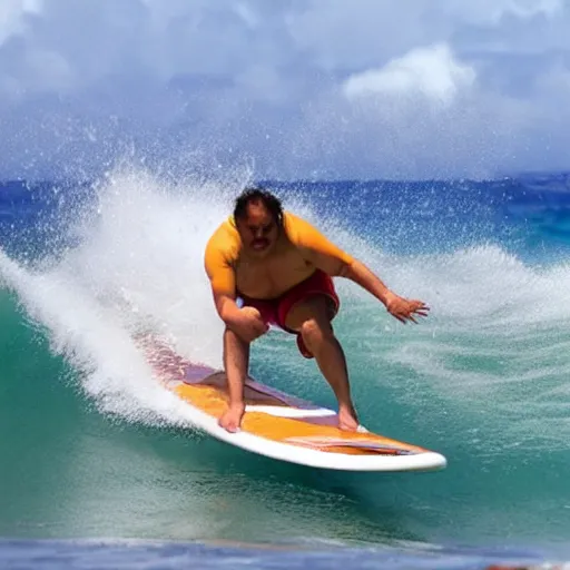 Prompt: Wario surfing in Hawaii