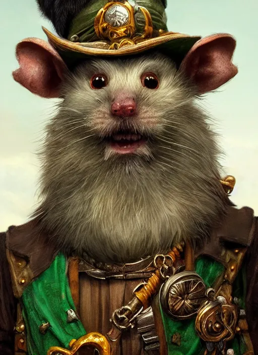 Image similar to humanoid rat with beard, serious, mean eyes, wearing jewelry, tricorne hat, green robe, D&D, digital art, detailed face, highly detailed, trending on artstation, 4k, sea in the background, art by greg rutkowski