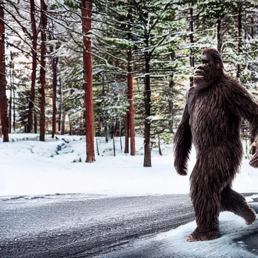 Image similar to bigfoot walking in center of helsinki finland. Realistic photo