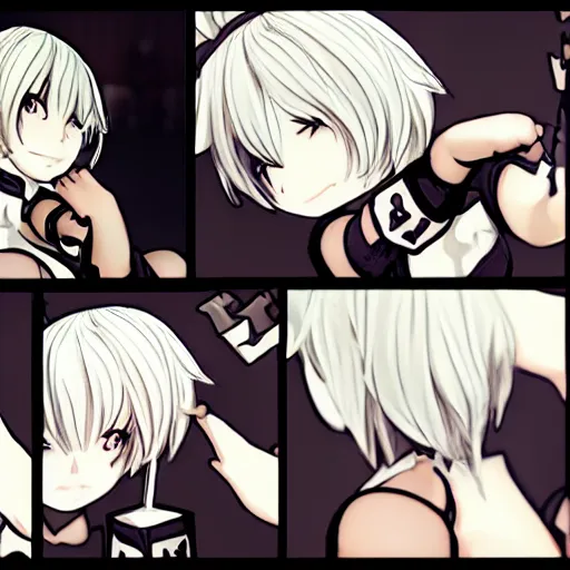 Image similar to 2B from nier automata eating a chess burger, anime style.