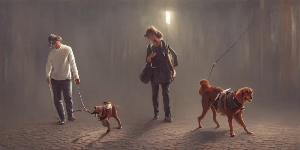 Prompt: a dog walking a human on a leash, cinematic lighting, detailed oil painting, hyperrealistic, 8k