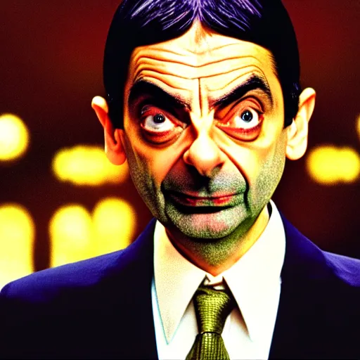 Image similar to mr. bean as osho. movie still. cinematic lighting.