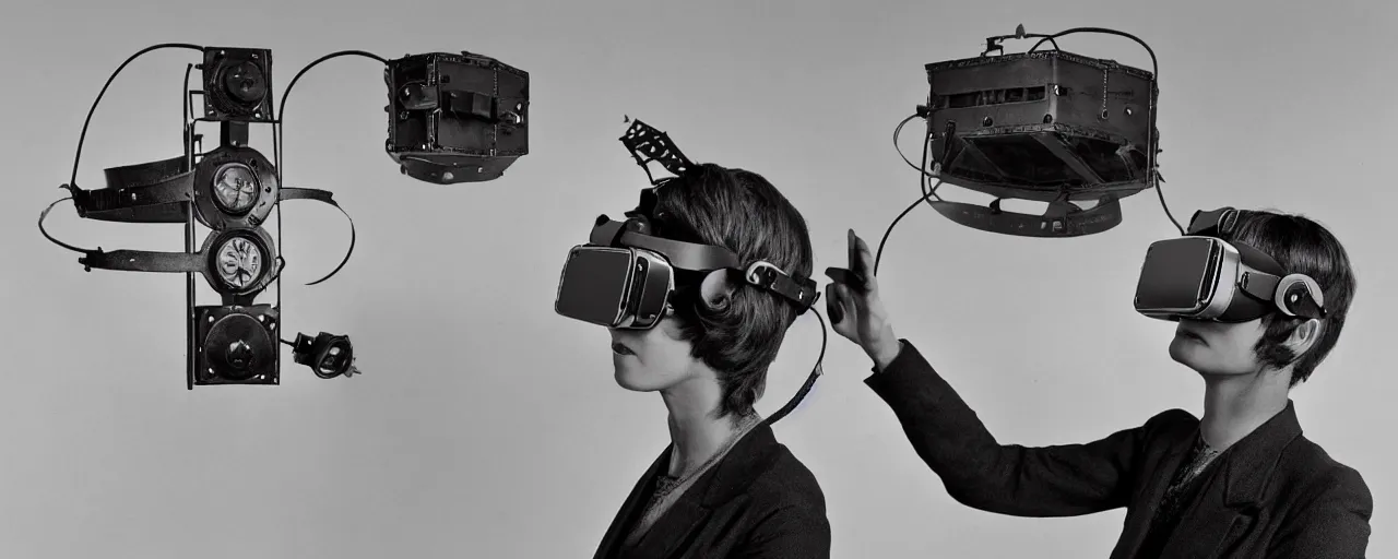 Image similar to vintage photo of advanced complex steampunk VR headset, borg