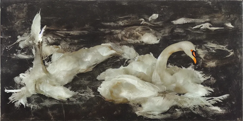 Prompt: white ball, made by swans, feathers, melted in the water. dark atmosphere, dark space. swans. messy. by andrew wyeth, jenny saville and nicola samori