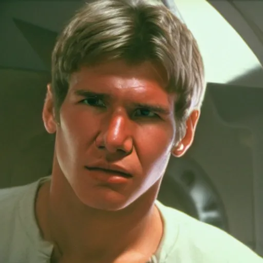 Image similar to film still of teenage harrison ford in new star wars movie, dramatic lighting, highly detailed face, kodak film, wide angle shot,