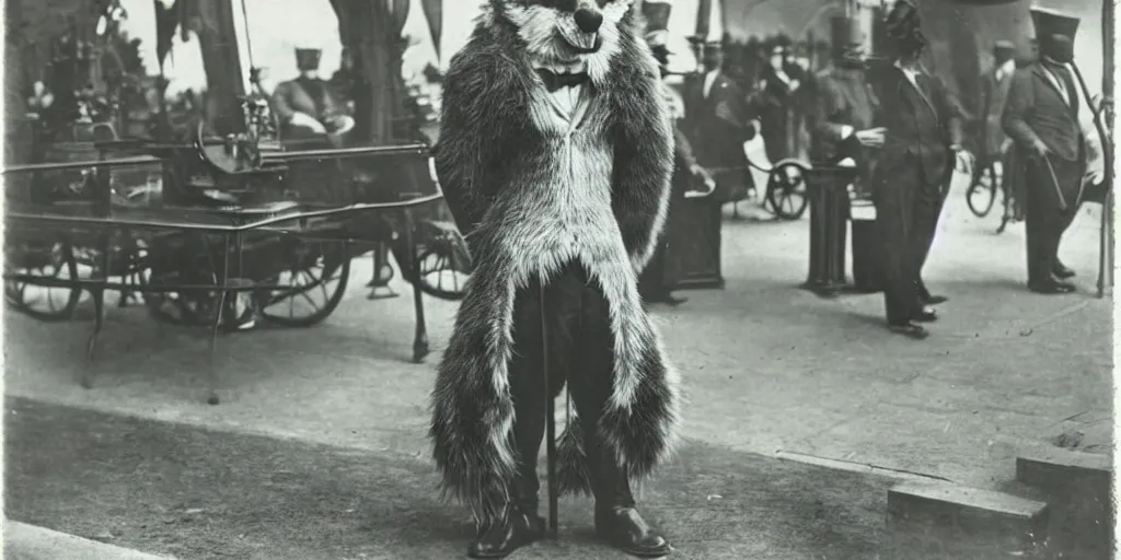 Image similar to anthropomorphic furry wolf at the worlds fair, 1900s photograph