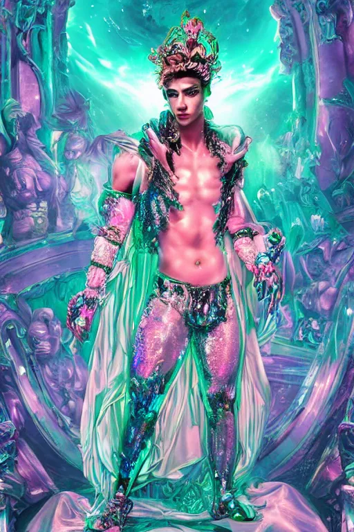 Image similar to photo of full-body rococo and cyberpunk delicate neon crystalline sculpture of ((handsome muscular onyx prince Zayn Malik)) as an blue iridescent humanoid deity wearing ((peach plastic hooded cloak)) (holding an onyx skull) in a onyx castle dungeon, reclining, glowing pink face, crown of (pink lasers), large blue diamonds, swirling black silk fabric. futuristic elements. oozing glowing liquid, full-length view. space robots. intricate artwork by caravaggio. Trending on artstation, octane render, cinematic lighting from the right, hyper realism, photorealistic, octane render, 8k, depth of field, 3D