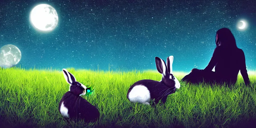 Prompt: a girl sits on the grass at night with dreamcore rabbits