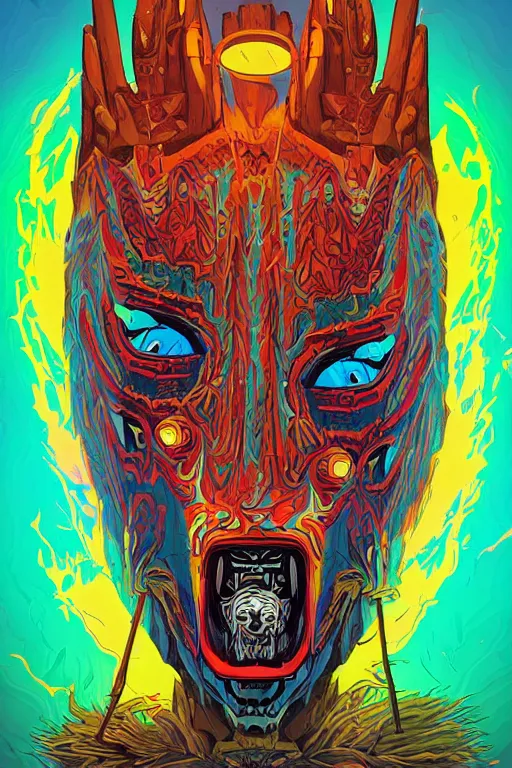 Image similar to totem animal tribal chaman vodoo mask feather gemstone plant wood rock video game illustration vivid color borderlands by josan gonzales and dan mumford radiating a glowing aura