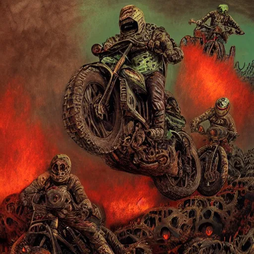 Image similar to motorbikers race in hell, horror art, purple and green hour, by beksinski, szukalski, giger, pyromallis, dzo, iris compiet, seb mckinnon, digital art, highly detailed, intricate, sharp focus, trending on artstation hq, deviantart, pinterest, unreal engine 5, 4 k uhd image