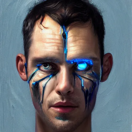 Prompt: surreal portrait of a man by Greg Rutkowski, symmetrical face, he is about 30 years old, short black hair with bangs, his features are a mix between French, Turkish and Russian, transformed into a kind of biomechanical transhuman god, blue glowing eyes, expression of epiphany and determination, cosmic void background, frightening, fascinating, highly detailed portrait, digital painting, book cover, artstation, concept art, smooth, sharp foccus ilustration, Artstation HQ