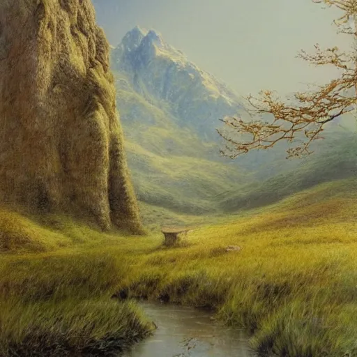 Prompt: beautiful serene fantasy landscape by alan lee, smooth, detailed terrain, oil painting, matte painting concept art, trending on art station