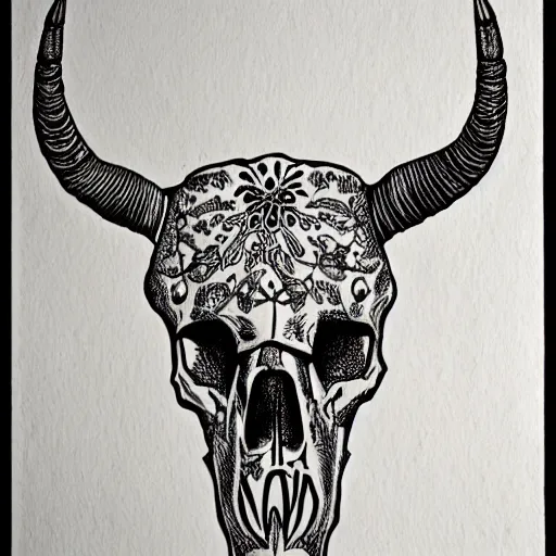 Prompt: Texas Longhorn Skull, skull bone ornately carved with delicate patterns, tritone, mixed media, fine linework, pen and ink, symmetry