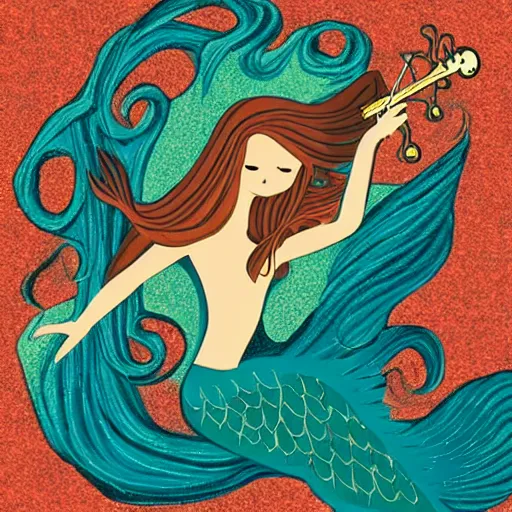 Image similar to a beautiful long - haired mermaid playing the violin in the wide ocean among fish