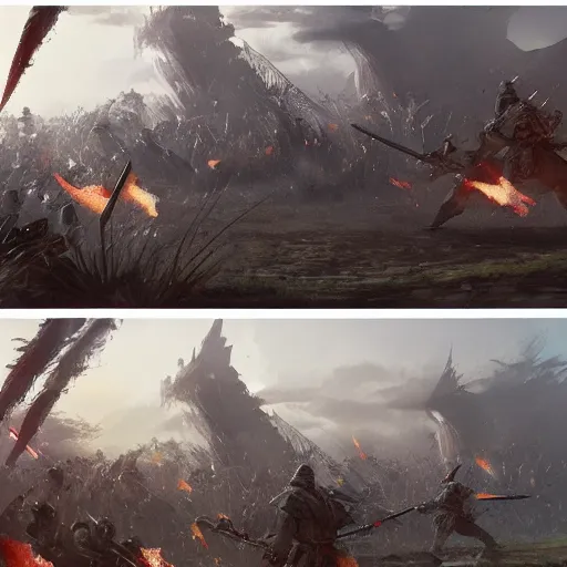 Prompt: detailed detailed concept art of a battlefield between samurai, trending on artstation