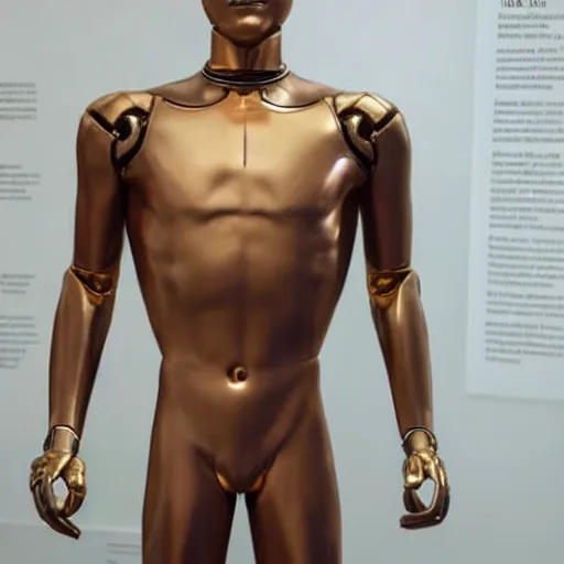 Prompt: a realistic detailed photo of a guy who is an attractive humanoid who is half robot and half humanoid, who is a male android, boxer and youtuber jake paul, shiny skin, posing like a statue, blank stare, at the museum, on display