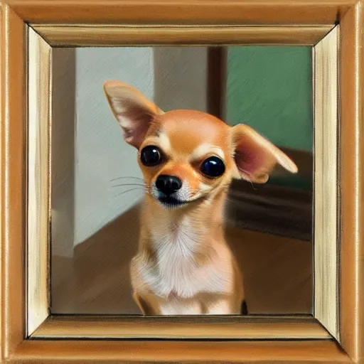 Image similar to a honey colored chihuahua puppy looking at his reflection in the mirror from the front, oil painting