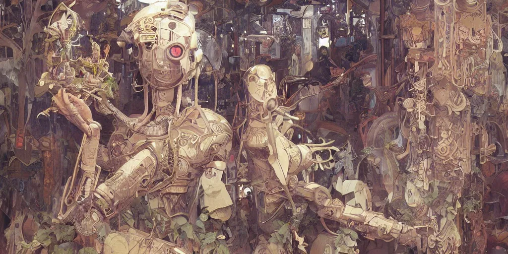 Image similar to octane render, ultra photorealistic, hyper detailed, unreal engine, a very very cute wooden mystical statue robot of the roman natural cyberpunk in a contemporary art gallery in neo tokyo artwork by alphonse mucha greg rutkowski