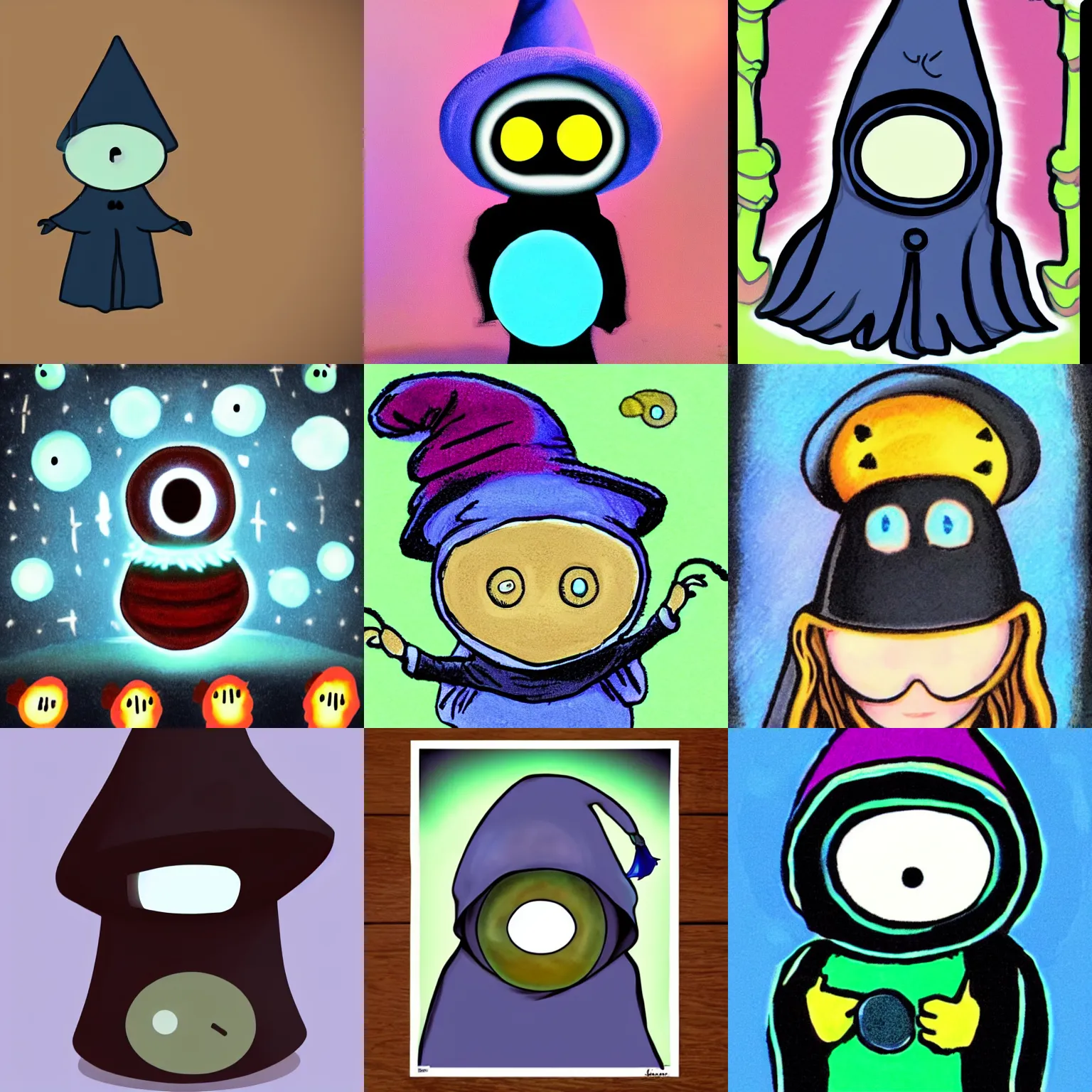 Prompt: tiny cute wizard cartoon glowing eyes big hat no face pastel