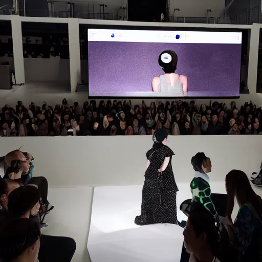 Image similar to art curator looking at a screen with a chat interface, recursive, on stage in the middle of a fashion show in the style of grand chamaco and stanley kubrick, inspired by y - 3, photorealistic, epic, super technical, cinematic still