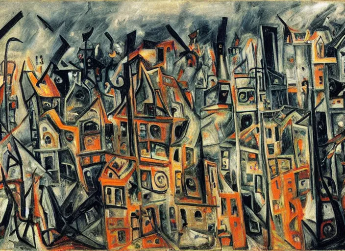 Image similar to a cityscape of chaos, houses, trees and hell in style of Chaim Soutine and Frank Auerbach and Bosch