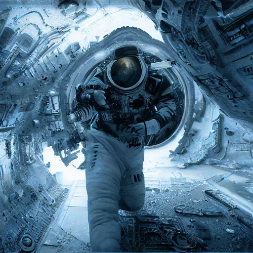 Prompt: concept art by craig mullins astronaut in futuristic dark and empty spaceship. infrared complex and hyperdetailed technical suit design. mandelbulb fractal underwater space. reflection and dispersion materials rays and dispersion of light breaking through the deep water. 5 0 mm, f / 3 2. noise film photo. flash photography