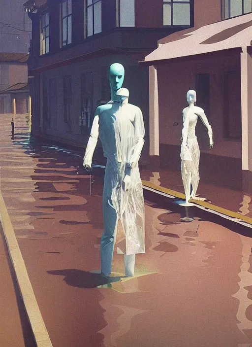 Image similar to westworld android dressed in transparent plastic bags, on flooded street Edward Hopper and James Gilleard, Zdzislaw Beksinski, highly detailed