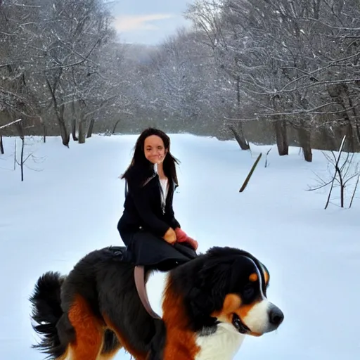Image similar to girl riding giant Bernese Mountain Dog in the park, trending on artstation