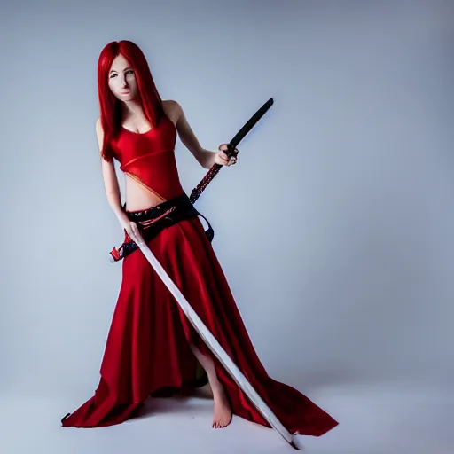 Image similar to dslr photo of beautiful erza scarlet wearing a elegant dress, with real looking skin, standing holding a katana that is very detailed, portrait photo, real photo, real camera, extreme detailed face and body, high quality, moody lighting, fast paced lines, sharp quality, enchanting lighting, 8 k