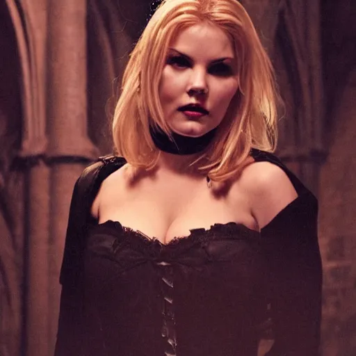 Prompt: elisha cuthbert as a vampire showing her fangs in a gloomy gothic cathedral at night