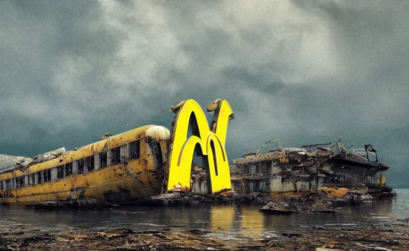 Prompt: a derelict immense McDonald's brand vacation cruise liner with yellow golden arches logo run aground and broken on a deserted island, oil slick in the water, thick black smoke billowing, overcast, dystopian, bad vibes, photorealistic, sharp focus, hyper detailed, octane render