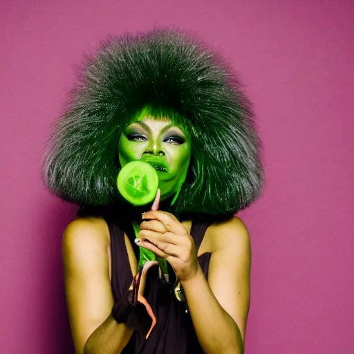 Image similar to tina turner portrait, green turnip hair, colored, dslr, photoshoot