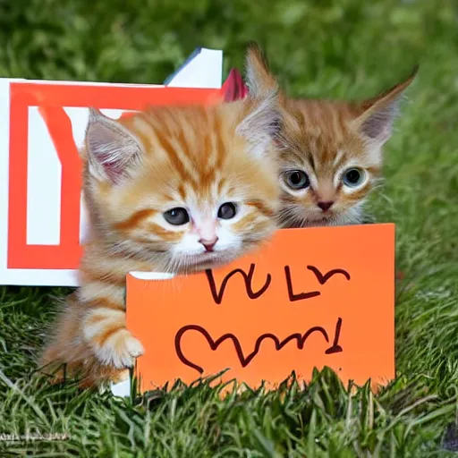 Image similar to cute fluffy orange tabby kitten with a sign that says