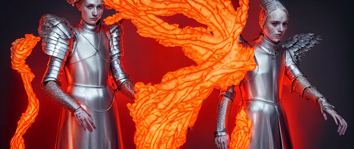 Image similar to hyperrealist highly detailed english medieval portrait of high fashion archangel wearing flame fire smoke flame armor, radiating atomic neon corals, veiny network growth with ghostly ghost translucent ghost armor, concept art pascal blanche dramatic studio lighting 8k wide angle shallow depth of field