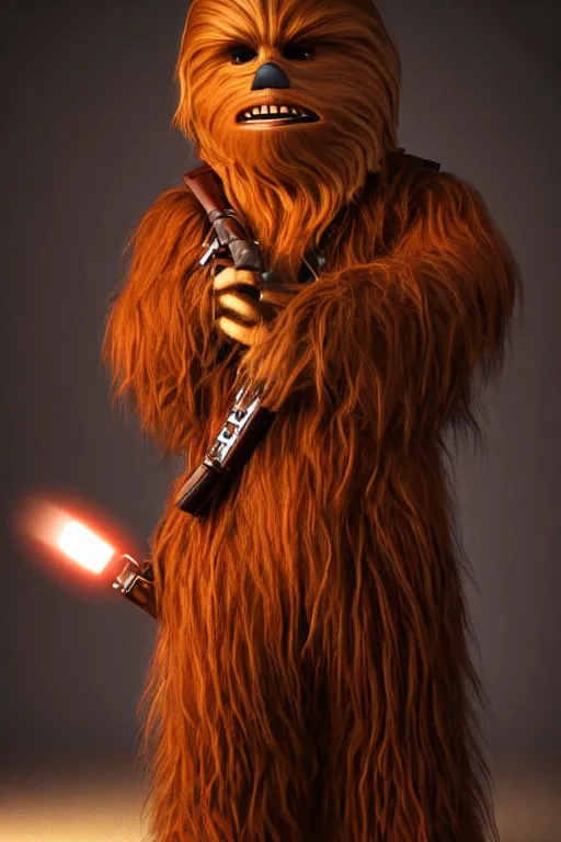 Prompt: Chewbacca as Sherlock Holmes, Star Wars, Wookie, deerstalker, shadows, dark, torchlight, spooky, eerie, magical, fantasy, enchanted, beige mist, dust, hyper realistic, sunset, octane render, trending on artstation, artstationHD, artstationHQ, unreal engine, 4k, 8k