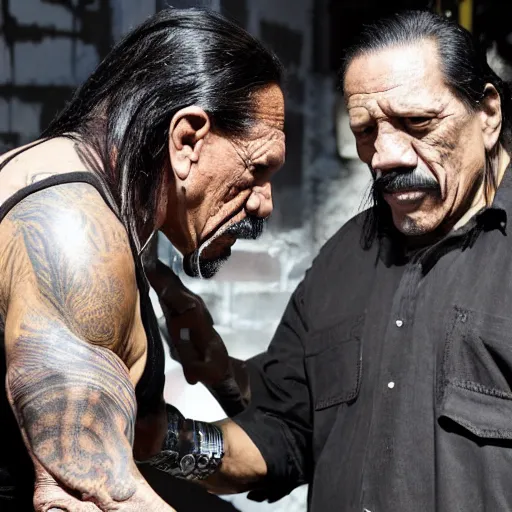 Prompt: danny trejo talking to danny trejo about prices of machetes in the free country of america