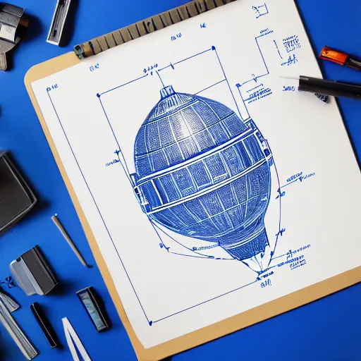 Image similar to blueprint of spaceship, technical drawing on blue paper, intricate detail, centered with clean background, studio lighting, 8 k