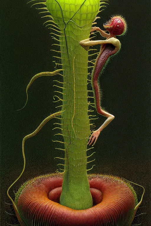 Prompt: a hyperrealistic painting of a guy caught in a venus flytrap carnivorous plant tundra, by john kenn mortensen and zdzislaw beksinski, highly detailed, vivid color,