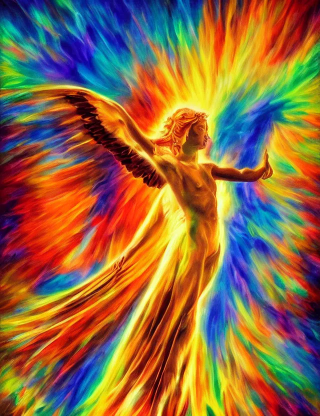 Image similar to spirit of the solar mythos mercurial angel light, award winning oil painting, chromatic aberration polychromatic color palette