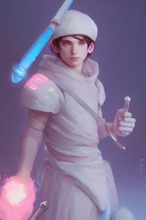 Prompt: portrait of a cute white mage boy with a staff in mage armor, soft, pink and blue, by tom bagshaw and atey ghailan and artgerm and and greg rutkowski, hyper realistic, octane render, trending on artstation