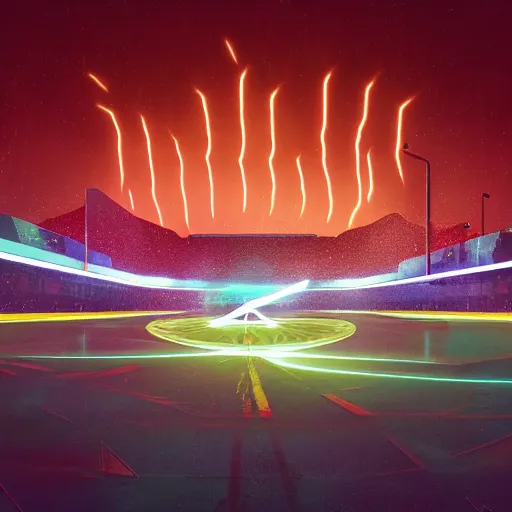 Prompt: Hockey stick with lightning bolts coming out of it. Bright lights hockey arena in the background. Digital art by Beeple