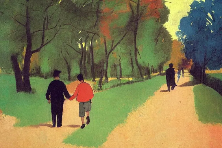 Image similar to a man with dark hair holding the hands of a young boy with dark hair as they walk down a suburban highway on a bright beautiful colorful day. part in the style of an edgar degas painting. part in the style of david hockney