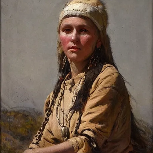 Prompt: portrait of a white - skinned tribeswoman, by nikolay makovsky.