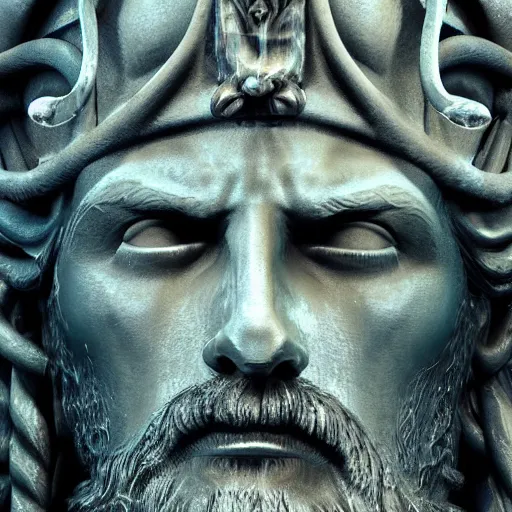 Prompt: detailed close up portrait Poseidon, the god of the sea, with trident and crown, matte painting, photorealistic, dark colors