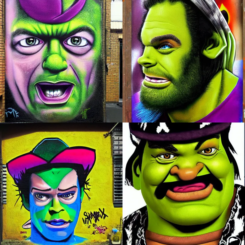 Prompt: Macho Man Randy Savage as Shrek, Hyper-Realistic, Grafitti