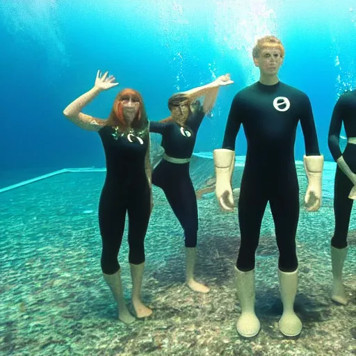 Image similar to fantastic four underwater, submarine in the background