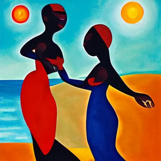 Prompt: two African Women in the moonlight dancing by the ocean as the waves roll by , high quality art in the style of cubism and georgia o’keefe,