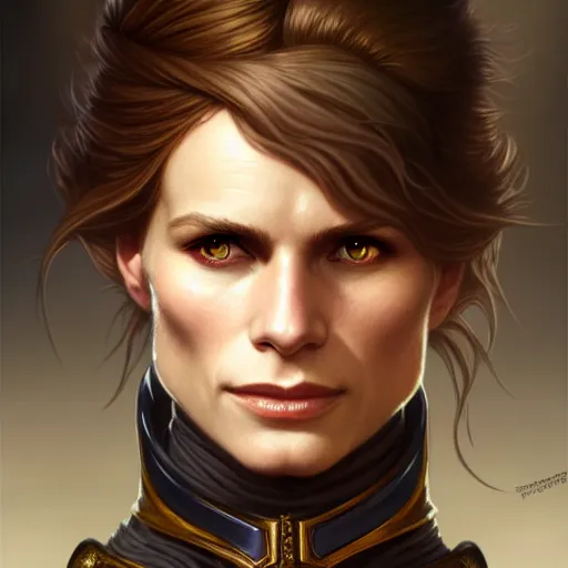 Image similar to Katja Herbers as a fantasy rogue, closeup character portrait, D&D, fantasy, intricate, elegant, highly detailed, digital painting, artstation, concept art, matte, sharp focus, illustration, art by Artgerm and Greg Rutkowski and Alphonse Mucha